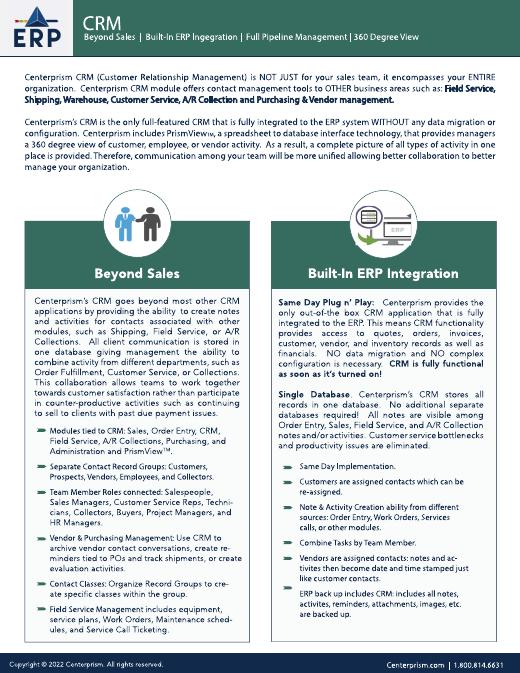 First page of the Centerprism CRM datasheet