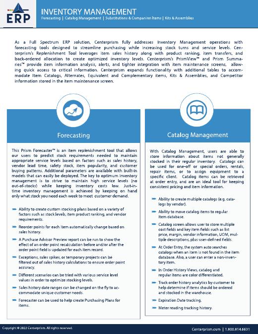 First page of the Centerprism Inventory Management datasheet