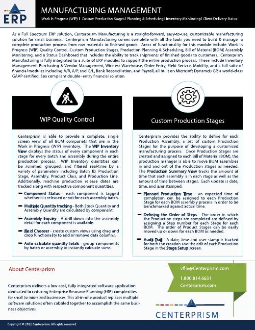 First page of the Centerprism Manufacturing datasheet