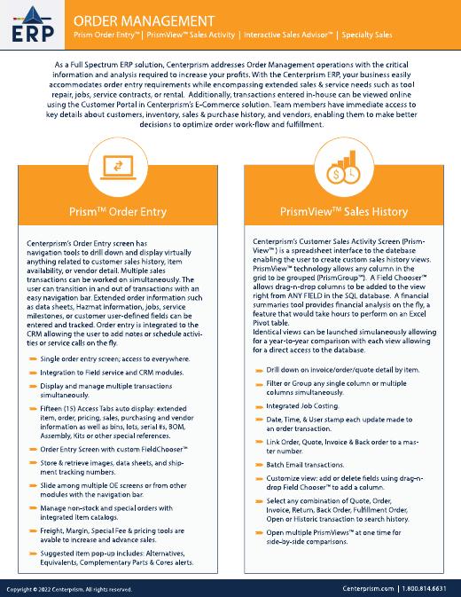 First page of the Centerprism Order Entry datasheet