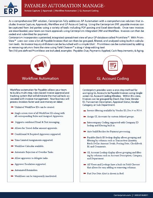 First page of the Centerprism Payables Automation datasheet
