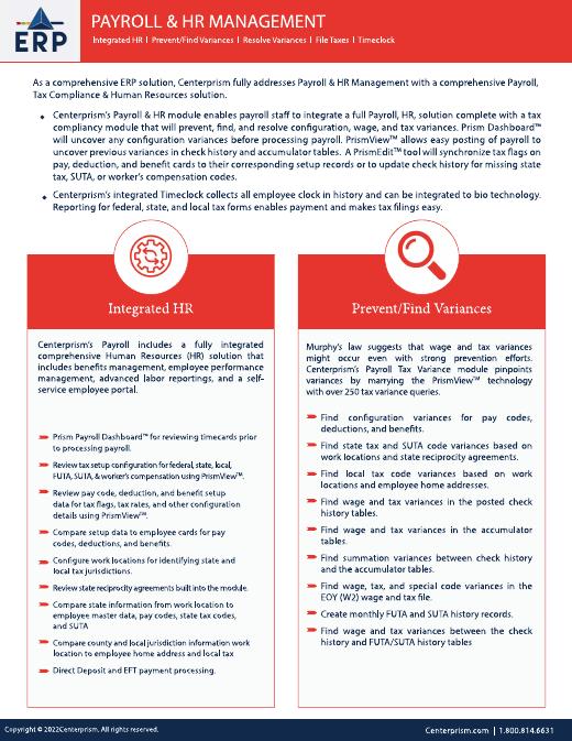 First page of the Centerprism Payroll and HR Management datasheet