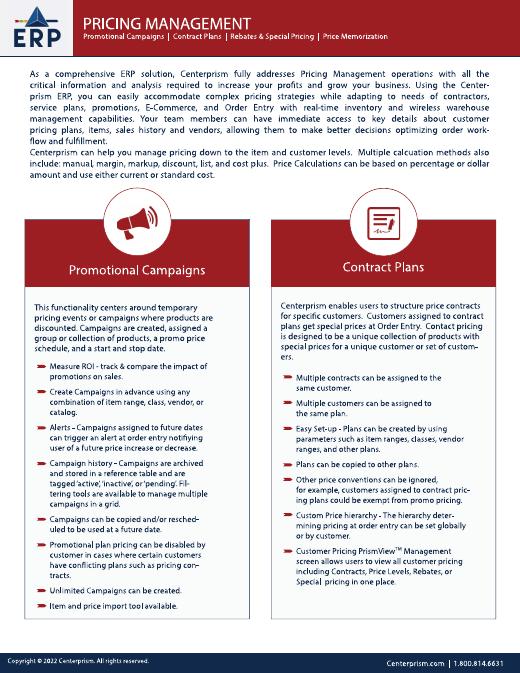 First page of the Centerprism Pricing Management datasheet
