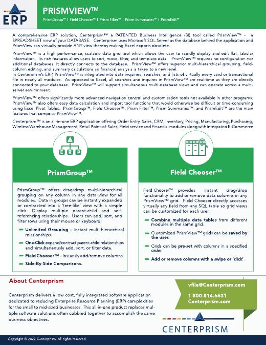 First page of the Centerprism PrismView and business intelligence datasheet