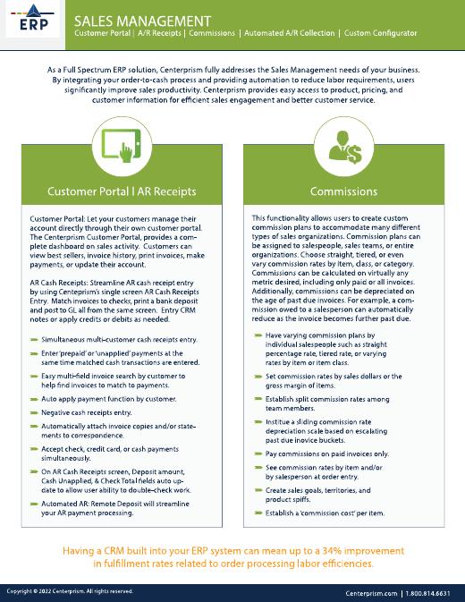 First page of the Centerprism Sales Management datasheet