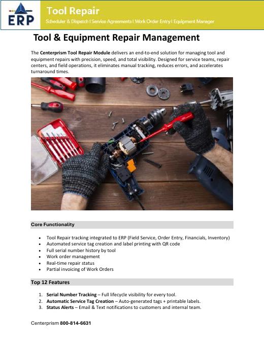 First page of the Centerprism Tool Repair datasheet