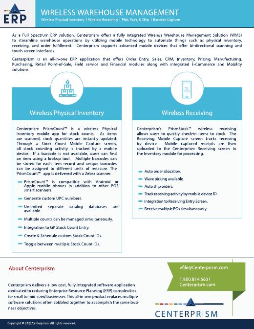 First page of the Centerprism Wireless Warehouse Management datasheet