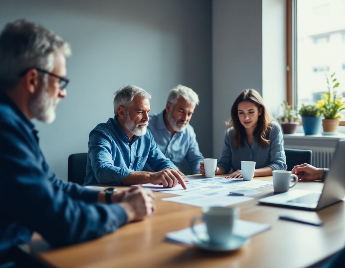 A distributor's team reviewing a printed implementation schedule around a meeting table