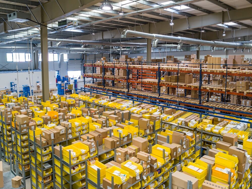 Racking and stocked inventory in a wholesale distribution warehouse